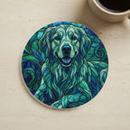 Golden Retriever Stained Glass Cool Jewel Cork Back Coaster cork coaster shown on a warm limestone surface beside a mug