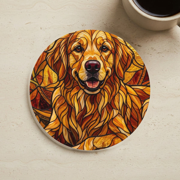 Golden Retriever Stained Glass Warm Jewel Cork Back Coaster cork coaster shown on a warm limestone surface beside a mug