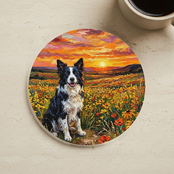 Border Collie Acrylic Sunset Prairie Cork Back Coaster | Dog Lover Gift