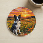 Border Collie Acrylic Painting Sunset Prairie Cork Back Coaster cork coaster shown on a warm limestone surface beside a mug