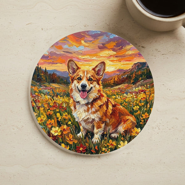 Corgi Acrylic Sunset Prairie Drink Coaster | Premium Dog Art | Tritan