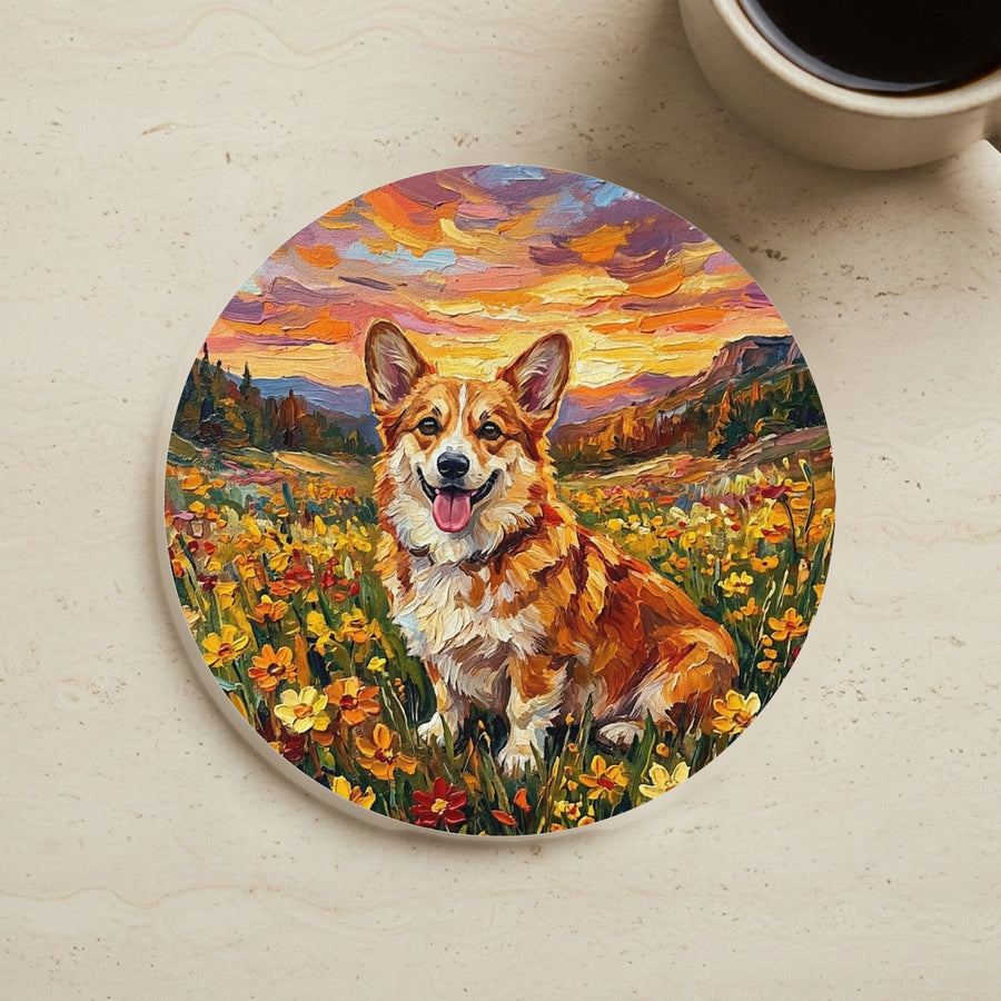 Corgi Acrylic Painting Sunset Prairie Cork Back Coaster cork coaster shown on a warm limestone surface beside a mug