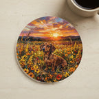 Dachshund Acrylic Painting Sunset Prairie Cork Back Coaster cork coaster shown on a warm limestone surface beside a mug