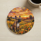 French Bulldog Acrylic Painting Sunset Prairie Cork Back Coaster cork coaster shown on a warm limestone surface beside a mug