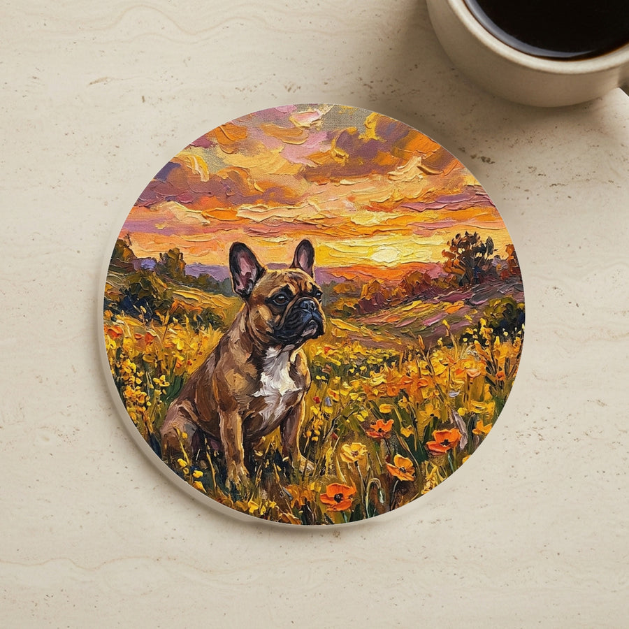 French Bulldog Acrylic Painting Sunset Prairie Cork Back Coaster cork coaster shown on a warm limestone surface beside a mug