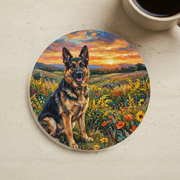 German Shepherd Acrylic Sunset Prairie Drink Coaster | Premium Dog Art | Tritan