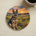 German Shepherd Acrylic Painting Sunset Prairie Cork Back Coaster cork coaster shown on a warm limestone surface beside a mug