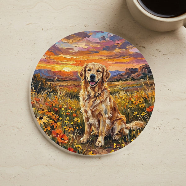 Golden Retriever Acrylic Painting Sunset Prairie Cork Back Coaster cork coaster shown on a warm limestone surface beside a mug