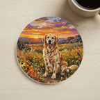 Golden Retriever Acrylic Painting Sunset Prairie Cork Back Coaster cork coaster shown on a warm limestone surface beside a mug