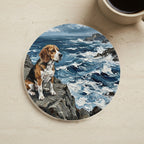 Beagle Acrylic Painting Coastal Cliffside Cork Back Coaster cork coaster shown on a warm limestone surface beside a mug