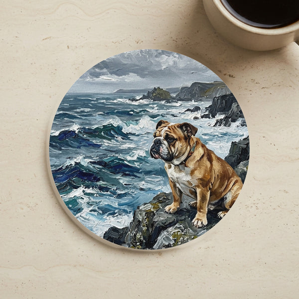 English Bulldog Acrylic Coastal Cliffside Drink Coaster | Premium Dog Art | Tritan