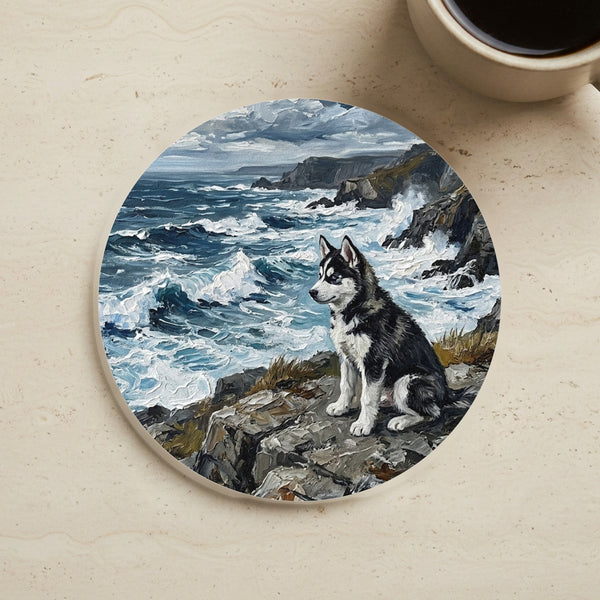 Siberian Husky Acrylic Coastal Cliffside Drink Coaster | Premium Dog Art | Tritan