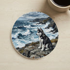 Siberian Husky Acrylic Painting Coastal Cliffside Cork Back Coaster cork coaster shown on a warm limestone surface beside a mug