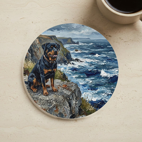 Rottweiler Acrylic Coastal Cliffside Drink Coaster | Premium Dog Art | Tritan