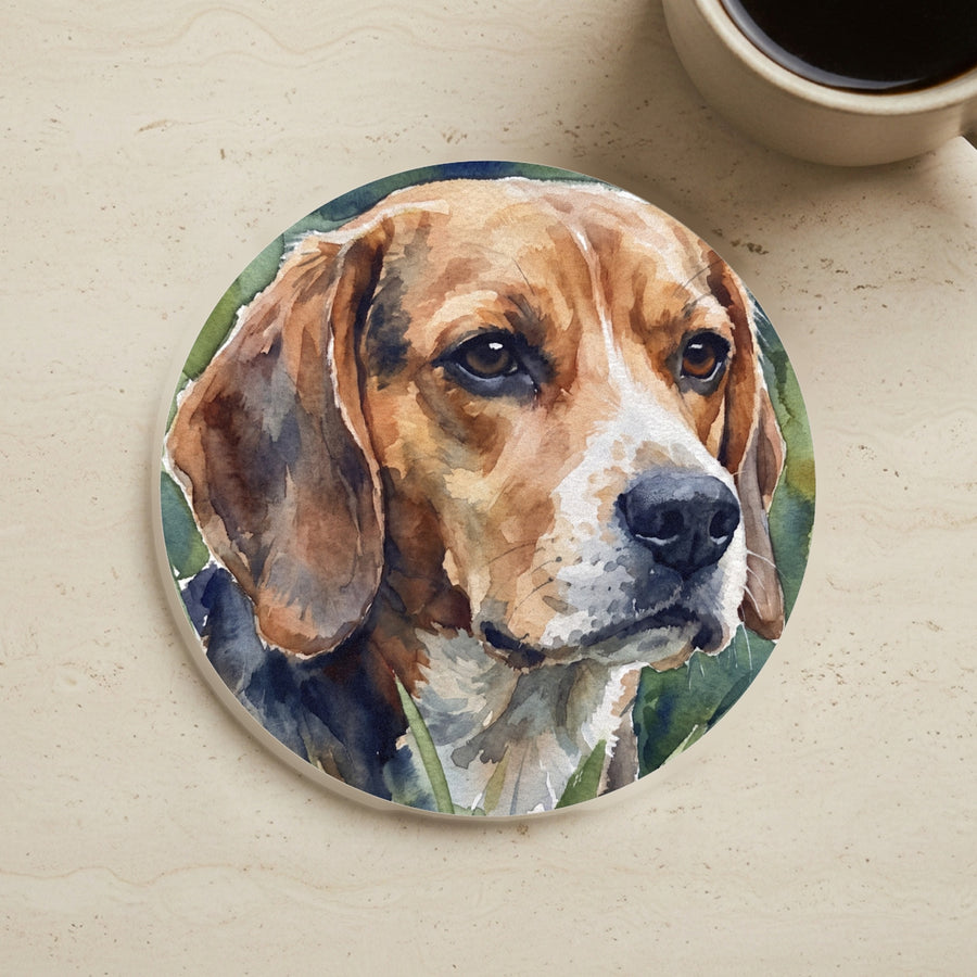 Beagle Watercolor Garden Peek Cork Back Coaster cork coaster shown on a warm limestone surface beside a mug