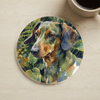Dachshund Watercolor Garden Peek Cork Back Coaster cork coaster shown on a warm limestone surface beside a mug