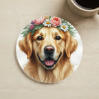 Golden Retriever Watercolor Cork Back Coaster cork coaster shown on a warm limestone surface beside a mug