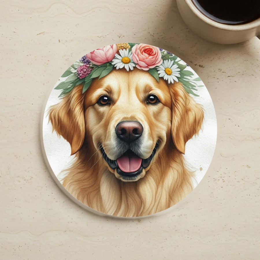Golden Retriever Watercolor Cork Back Coaster cork coaster shown on a warm limestone surface beside a mug