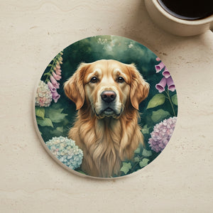Golden Retriever Watercolor Drink Coaster, Garden Peek Dog Painting, Golden Retriever Lover Gift