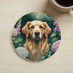 Golden Retriever Watercolor Garden Peek Cork Back Coaster cork coaster shown on a warm limestone surface beside a mug