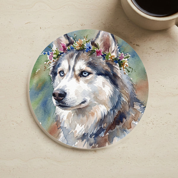 Siberian Husky Watercolor Cork Back Coaster | Dog Lover Gift