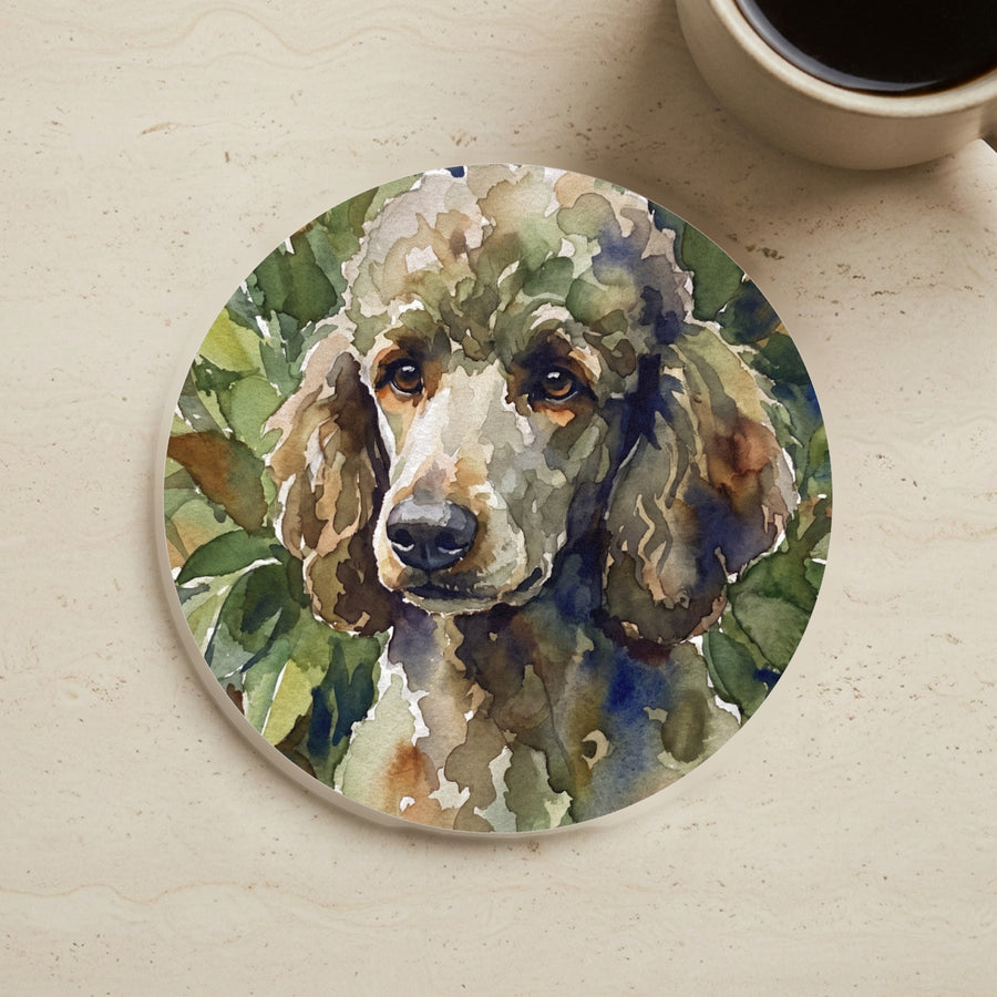 Poodle Watercolor Garden Peek Cork Back Coaster cork coaster shown on a warm limestone surface beside a mug