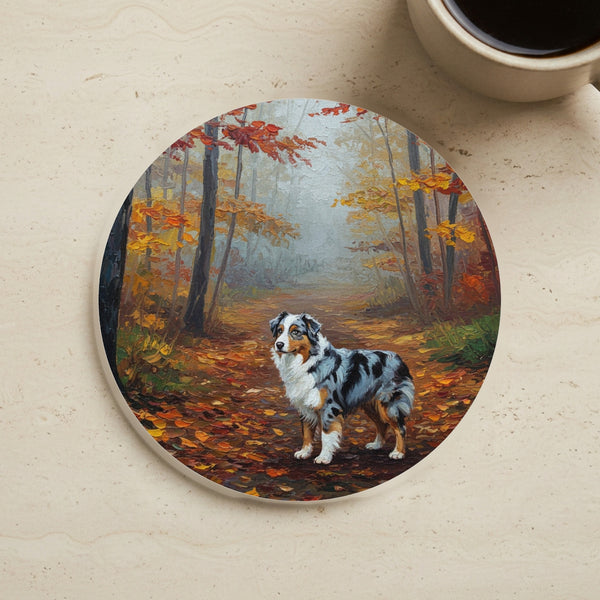 Acrylic Australian Shepherd - Autumn Woods | Cork Back Coaster