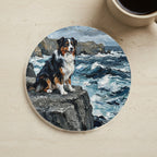 Acrylic Painting Australian Shepherd - Coastal Cliffside cork coaster shown on a warm limestone surface beside a mug