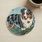 Australian Shepherd Japanese Print stocking stuffer gift set: round cork-back coaster and two 3x3 vinyl stickers