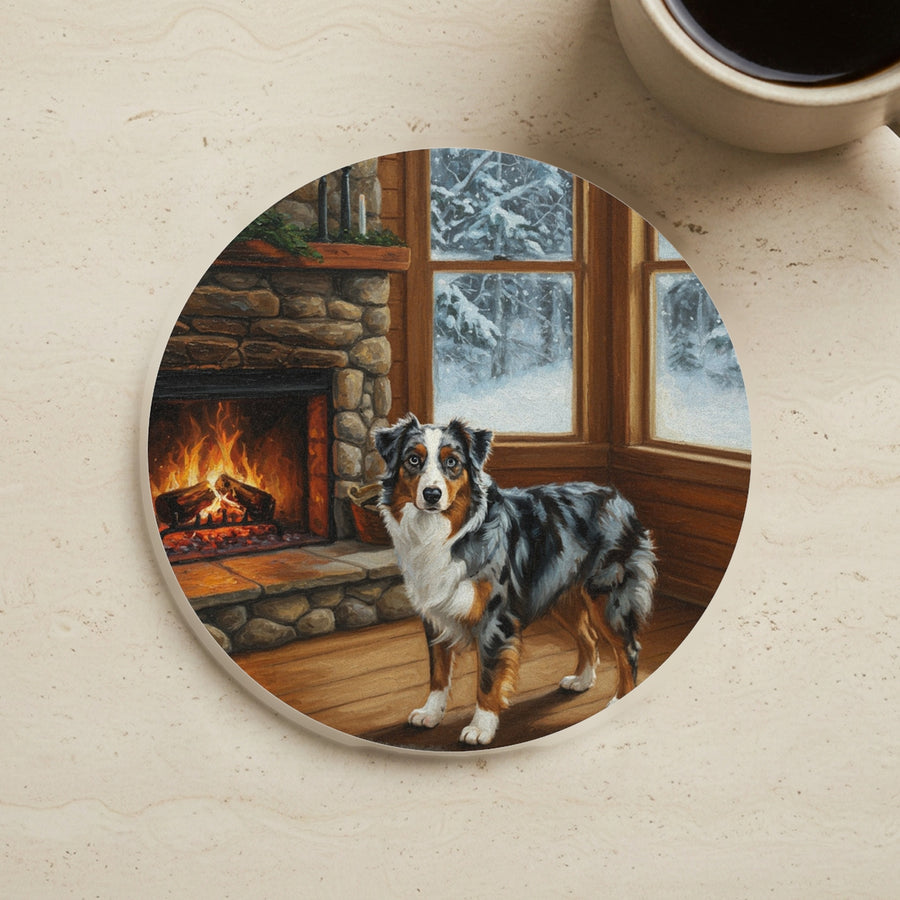 Acrylic Painting Australian Shepherd - Winter Hearth cork coaster shown on a warm limestone surface beside a mug