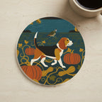 Beagle Retro Autumn stocking stuffer gift set: round cork-back coaster and two 3x3 vinyl stickers