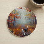 Acrylic Painting Beagle - Autumn Woods cork coaster shown on a warm limestone surface beside a mug