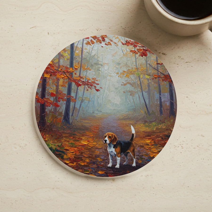 Acrylic Painting Beagle - Autumn Woods cork coaster shown on a warm limestone surface beside a mug
