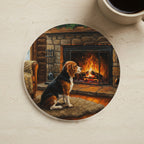 Beagle By the Fire gift set: canvas, sherpa blanket and coaster in one painting