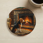 Acrylic Painting Beagle - Winter Hearth cork coaster shown on a warm limestone surface beside a mug