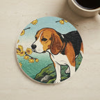 Beagle Drink Coaster, Japanese Print Dog Art, Beagle Lover Gift cork coaster shown on a warm limestone surface beside a mug