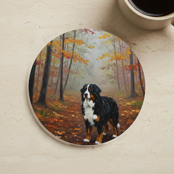 Acrylic Bernese Mountain Dog - Autumn Woods | Cork Back Coaster