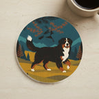 Bernese Mountain Dog Retro Autumn cozy gift set: sherpa fleece blanket, cork-back coaster, and vinyl sticker