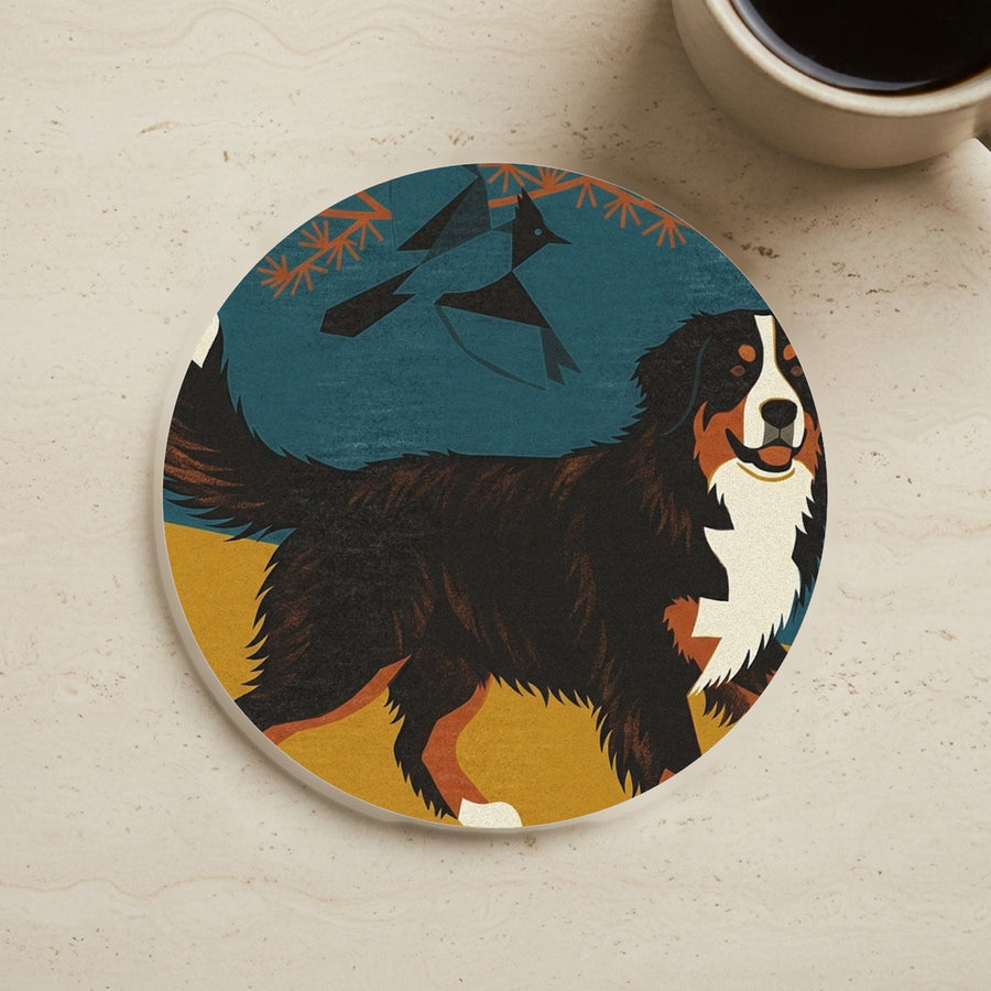 Bernese Mountain Dog Drink Coaster, Retro Autumn Dog Art, Bernese Mountain Dog Lover Gift cork coaster shown on a warm limestone surface beside a mug