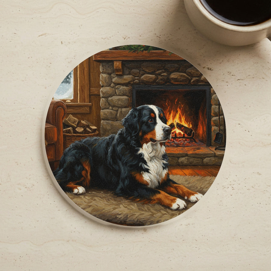 Acrylic Painting Bernese Mountain Dog - Winter Hearth cork coaster shown on a warm limestone surface beside a mug