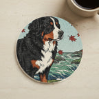 Bernese Mountain Dog Drink Coaster, Japanese Print Dog Art, Bernese Mountain Dog Lover Gift cork coaster shown on a warm limestone surface beside a mug