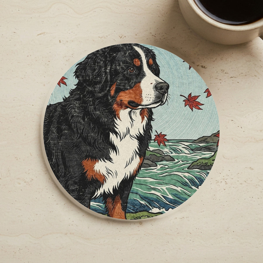 Bernese Mountain Dog Drink Coaster, Japanese Print Dog Art, Bernese Mountain Dog Lover Gift cork coaster shown on a warm limestone surface beside a mug
