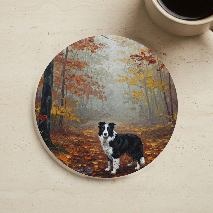 Acrylic Painting Border Collie - Autumn Woods cork coaster shown on a warm limestone surface beside a mug