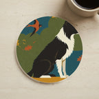 Border Collie Drink Coaster, Retro Autumn Dog Art, Border Collie Lover Gift cork coaster shown on a warm limestone surface beside a mug