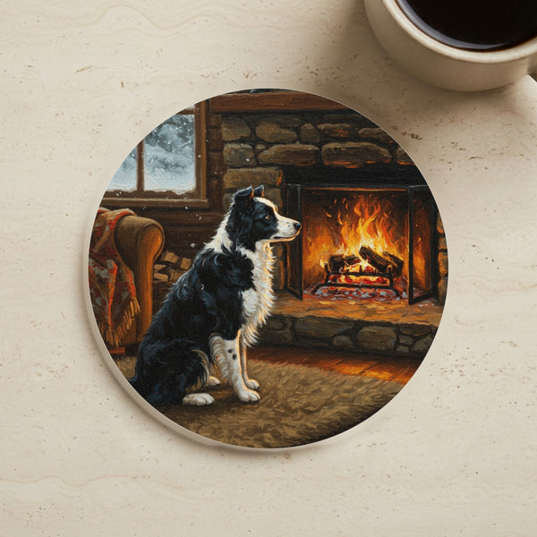 Acrylic Border Collie - Winter Hearth | Cork Back Coaster