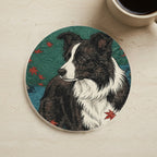 Border Collie Japanese Print cozy gift set: sherpa fleece blanket, cork-back coaster, and vinyl sticker
