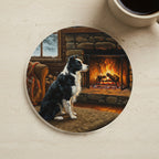 Acrylic Painting Border Collie - Winter Hearth cork coaster shown on a warm limestone surface beside a mug