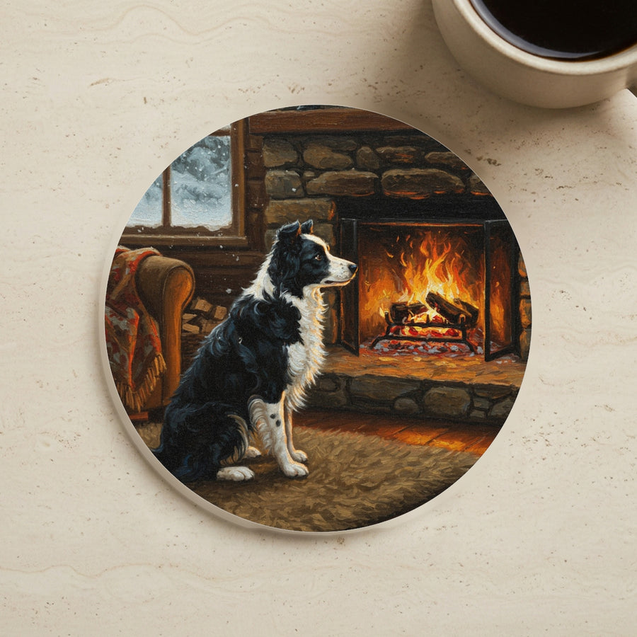 Acrylic Painting Border Collie - Winter Hearth cork coaster shown on a warm limestone surface beside a mug