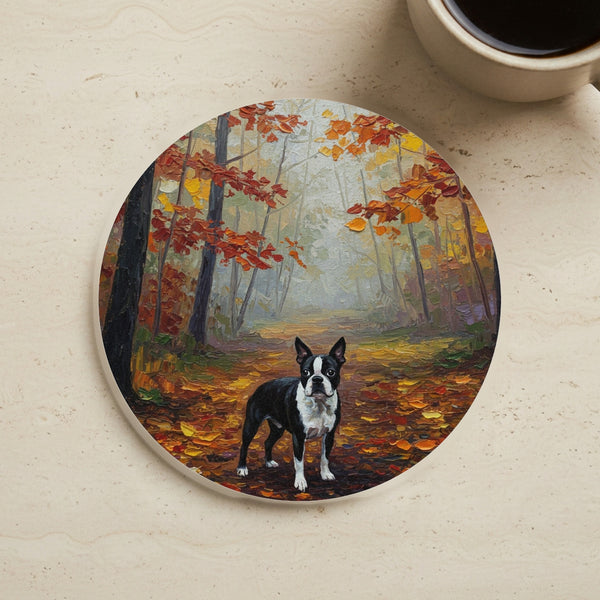 Acrylic Boston Terrier - Autumn Woods | Cork Back Coaster
