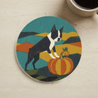 Boston Terrier Retro Autumn cozy gift set: sherpa fleece blanket, cork-back coaster, and vinyl sticker
